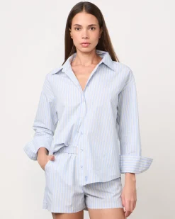 MONROW Stripe Poplin Oversized Shirt BLUE/YELLOWSTRIPES New